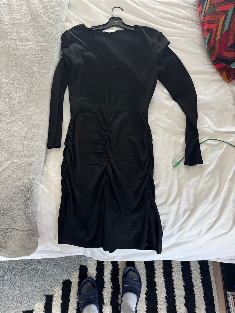Black Long-Sleeve V-Neck Ruched Dress